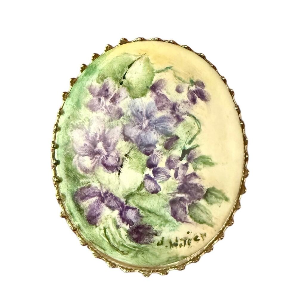 Vintage Hand Painted Violet Porcelain Brooch Signed Floral Gold Tone Oval Pin